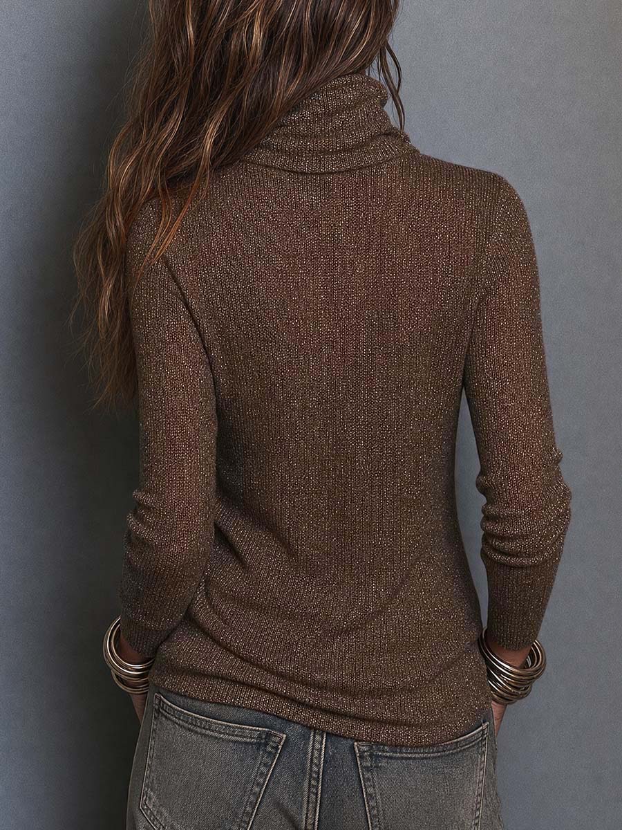Top bohemio marrón de punto ligero, cuello drapeado, manga larga y corte ajustado