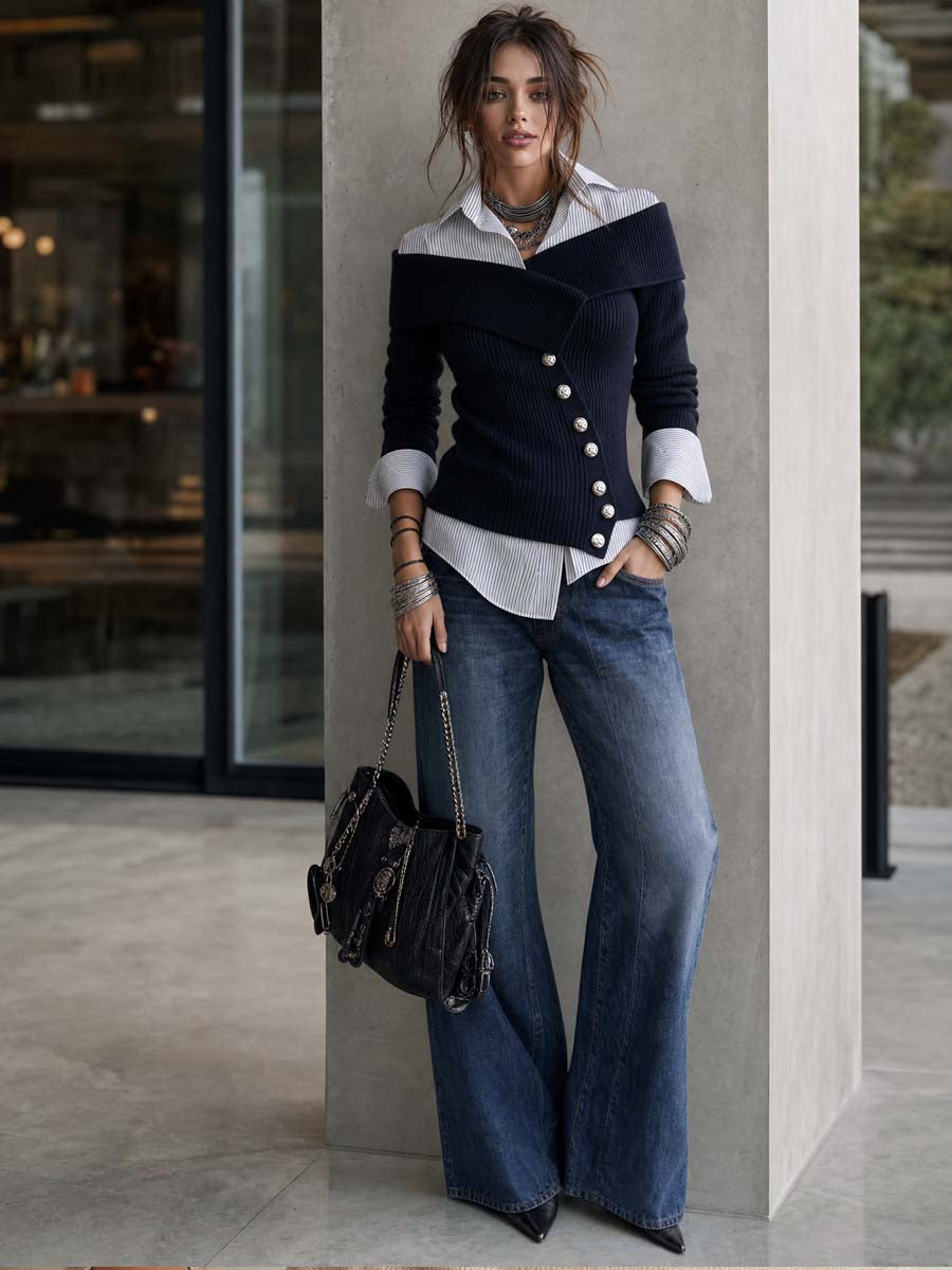 Blusa de punto con tapeta asimétrica y efecto de capas superpuestas