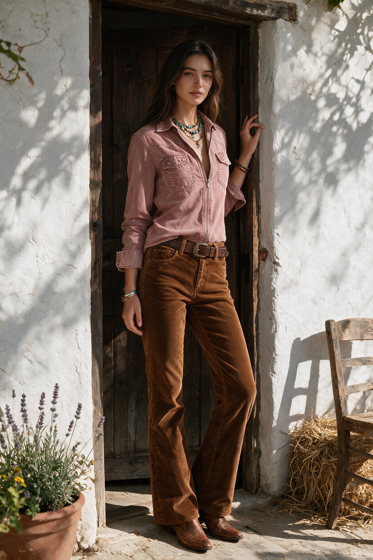 Camisa vaquera western suave, desgastada y lavada, en rosa empolvado, con cremallera