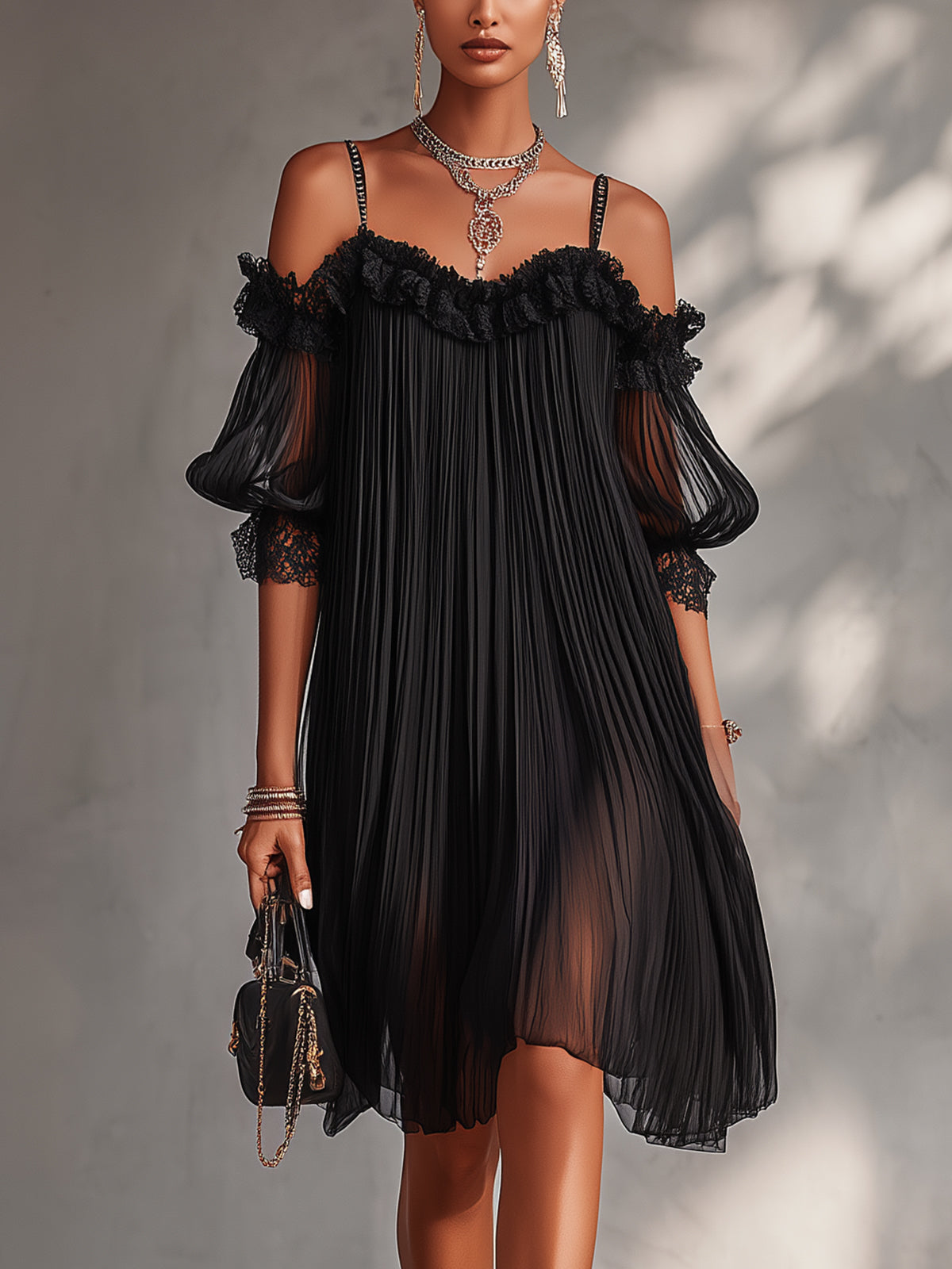 Vittoria | Minivestido negro de muselina con hombros descubiertos y bordes de encaje