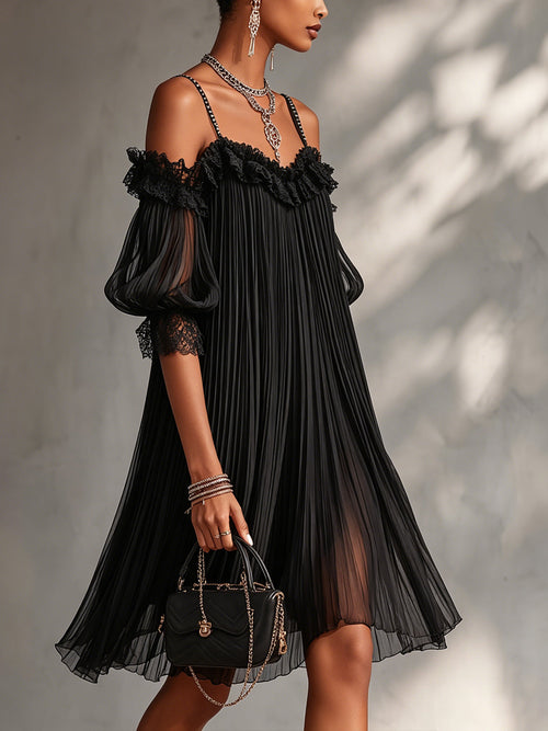 Vittoria | Minivestido negro de muselina con hombros descubiertos y bordes de encaje