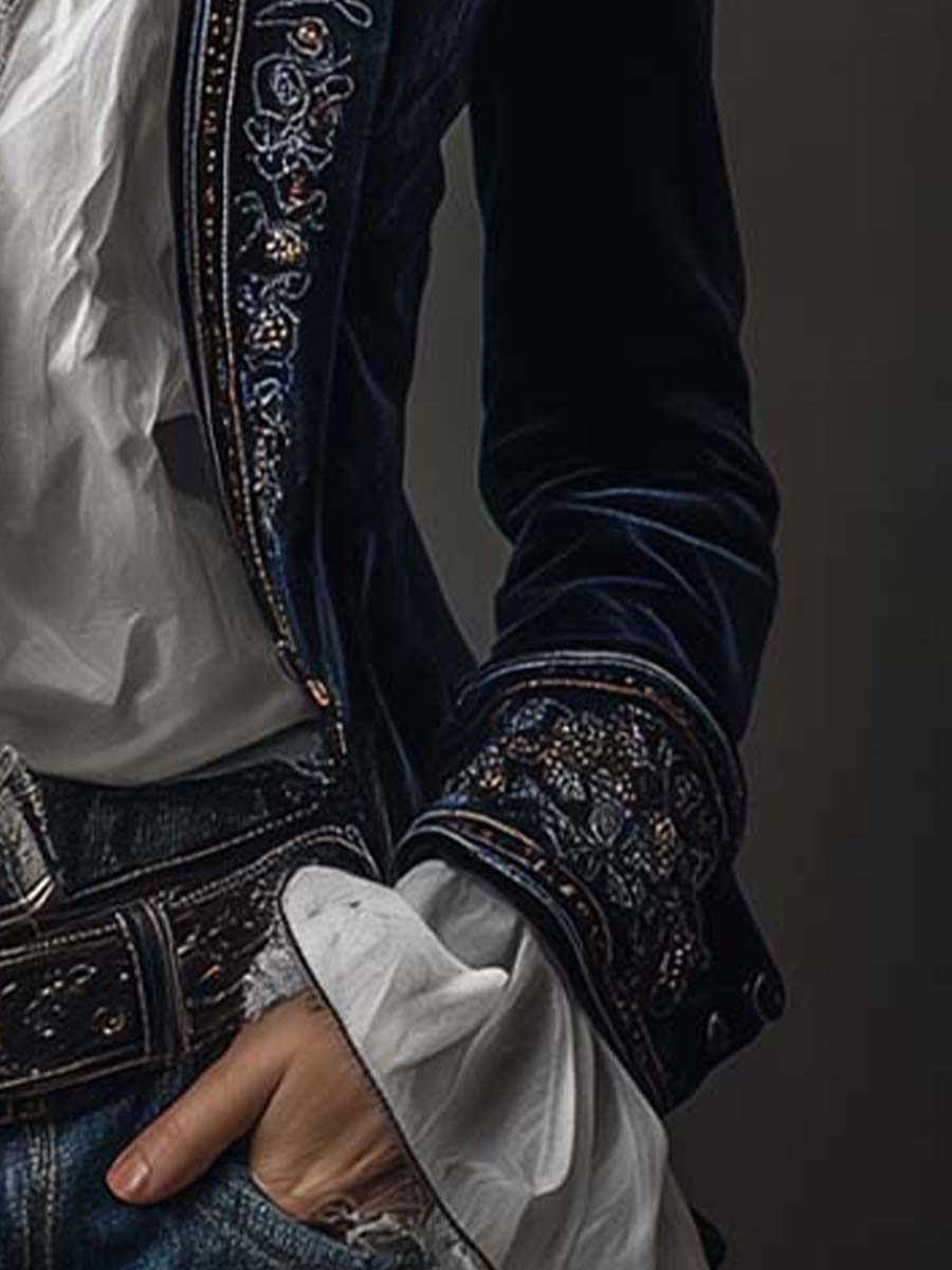 Chaqueta larga vintage de terciopelo de poliéster azul marino con bordado