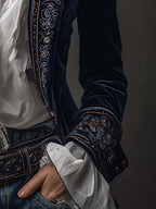 Chaqueta larga vintage de terciopelo de poliéster azul marino con bordado