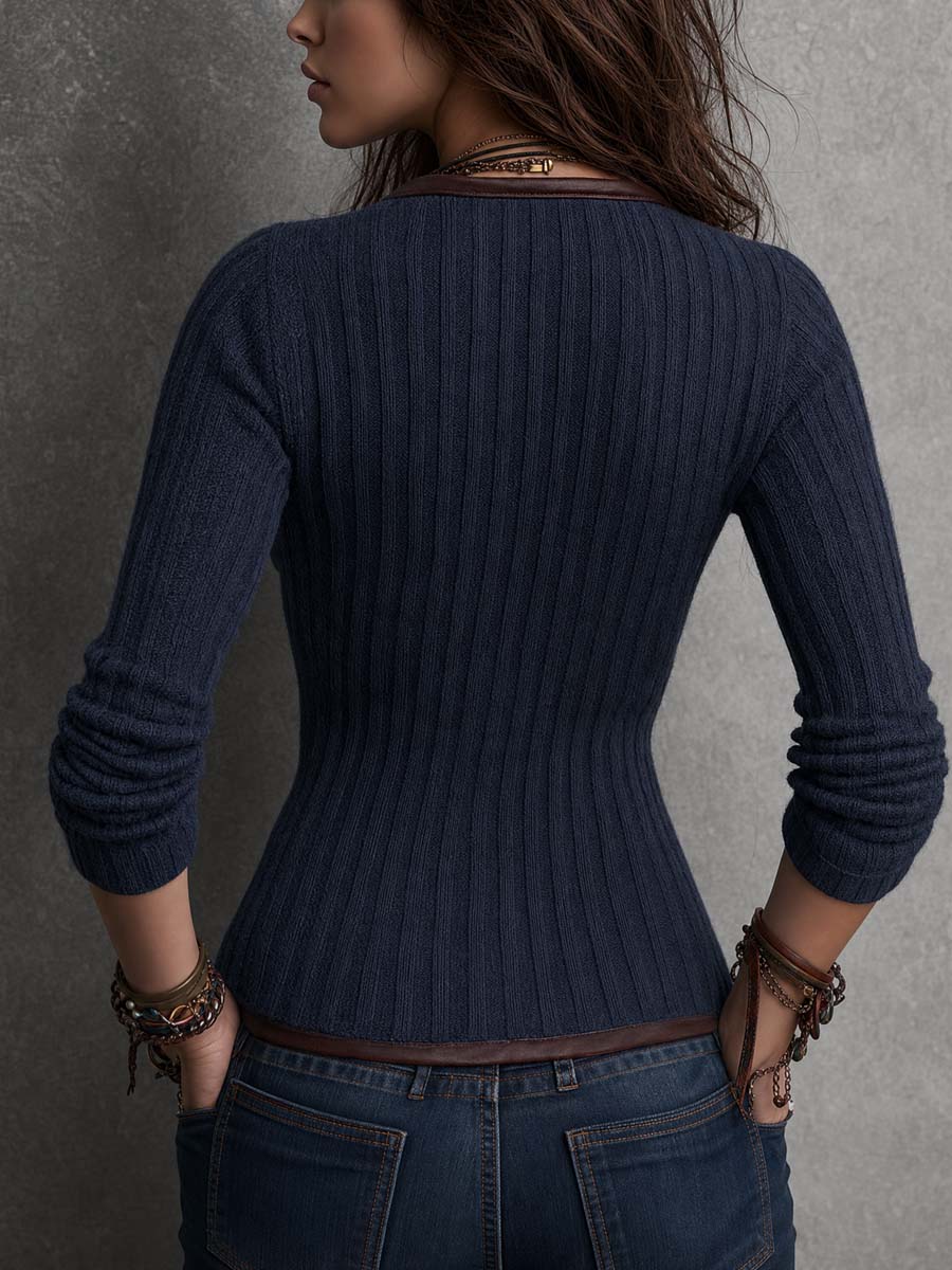 Chaqueta de punto con cremallera asimétrica y ribetes en contraste de cuero sintético