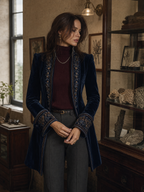 Chaqueta larga vintage de terciopelo de poliéster azul marino con bordado
