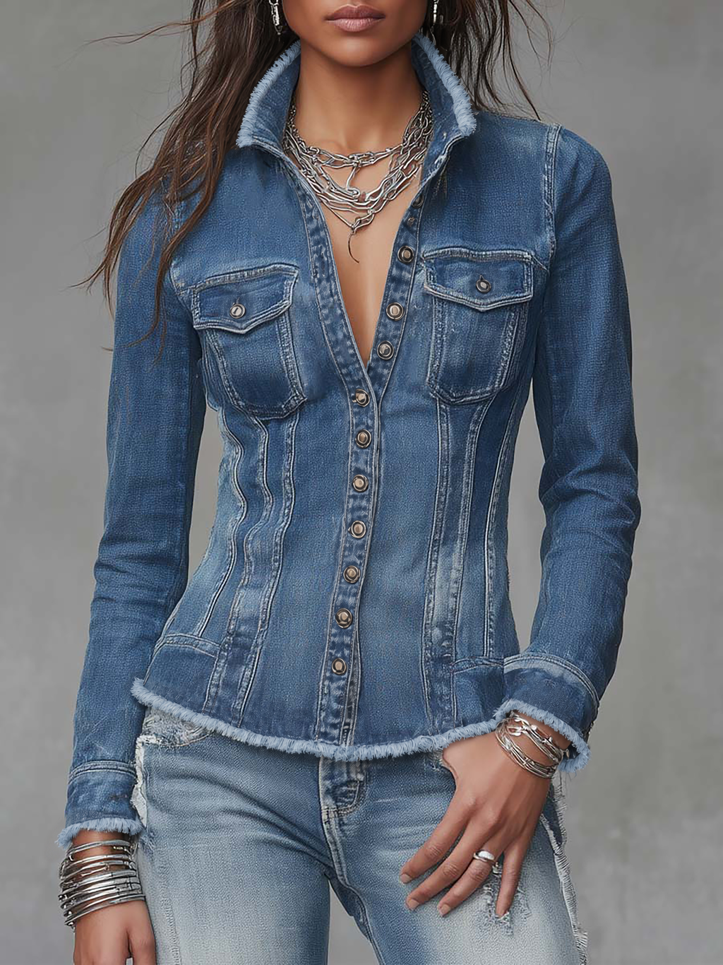 Chaqueta camisa vaquera retro clásica entallada con bordes deshilachados y cierre frontal de botones