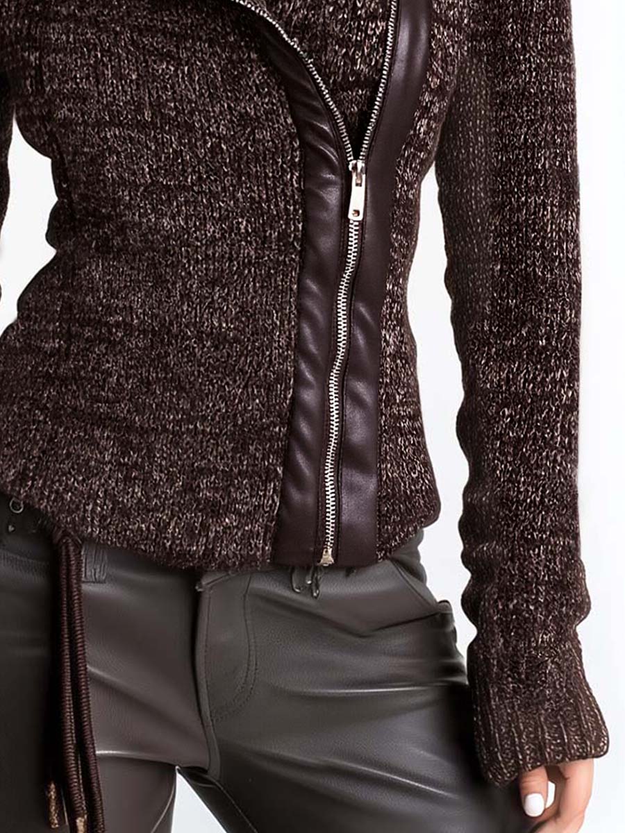Chaqueta marrón de punto acanalado con cremallera asimétrica