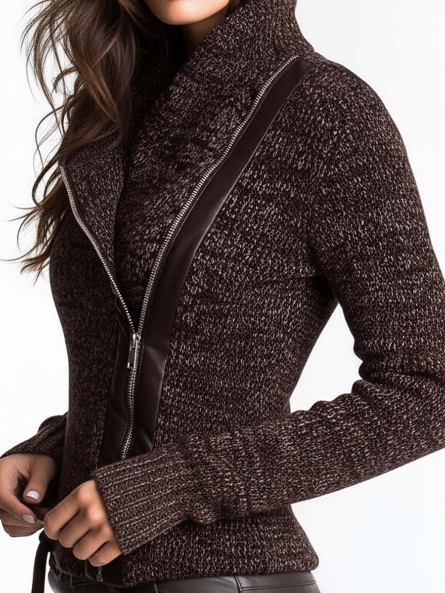 Chaqueta marrón de punto acanalado con cremallera asimétrica