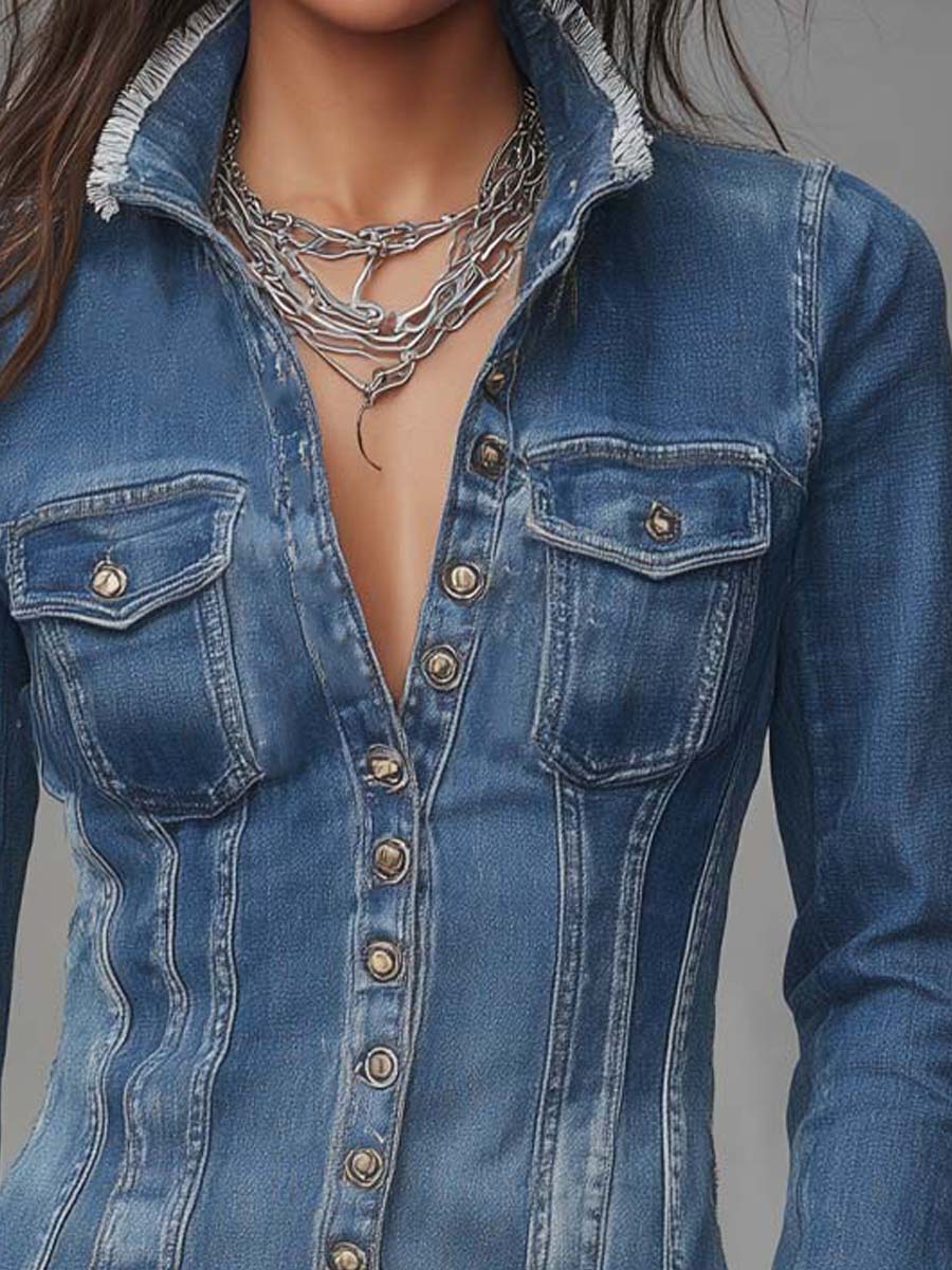 Chaqueta camisa vaquera retro clásica entallada con bordes deshilachados y cierre frontal de botones