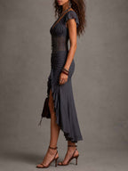 Vestido midi gris oscuro con corsé y fruncidos