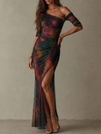 Vestido maxi de noche elegante y retro con estampado galáctico, un hombro y malla fruncida