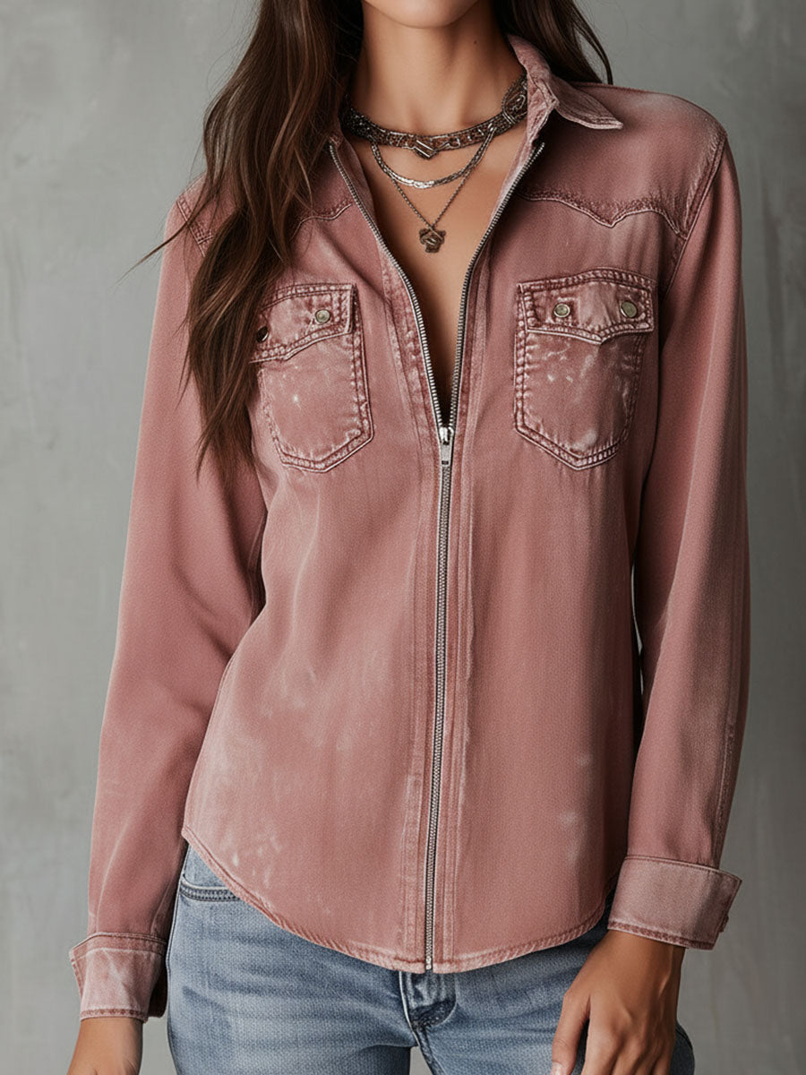 Camisa vaquera western suave, desgastada y lavada, en rosa empolvado, con cremallera