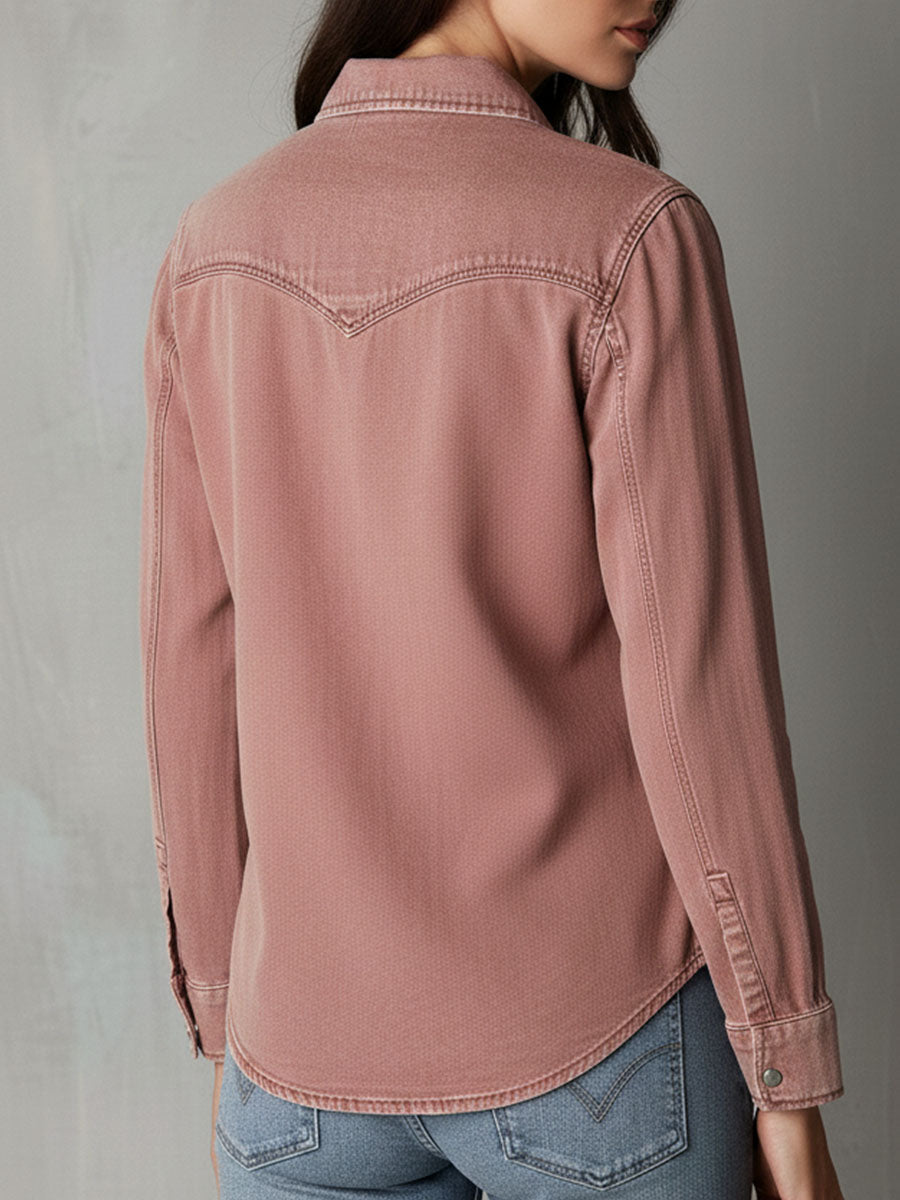 Camisa vaquera western suave, desgastada y lavada, en rosa empolvado, con cremallera