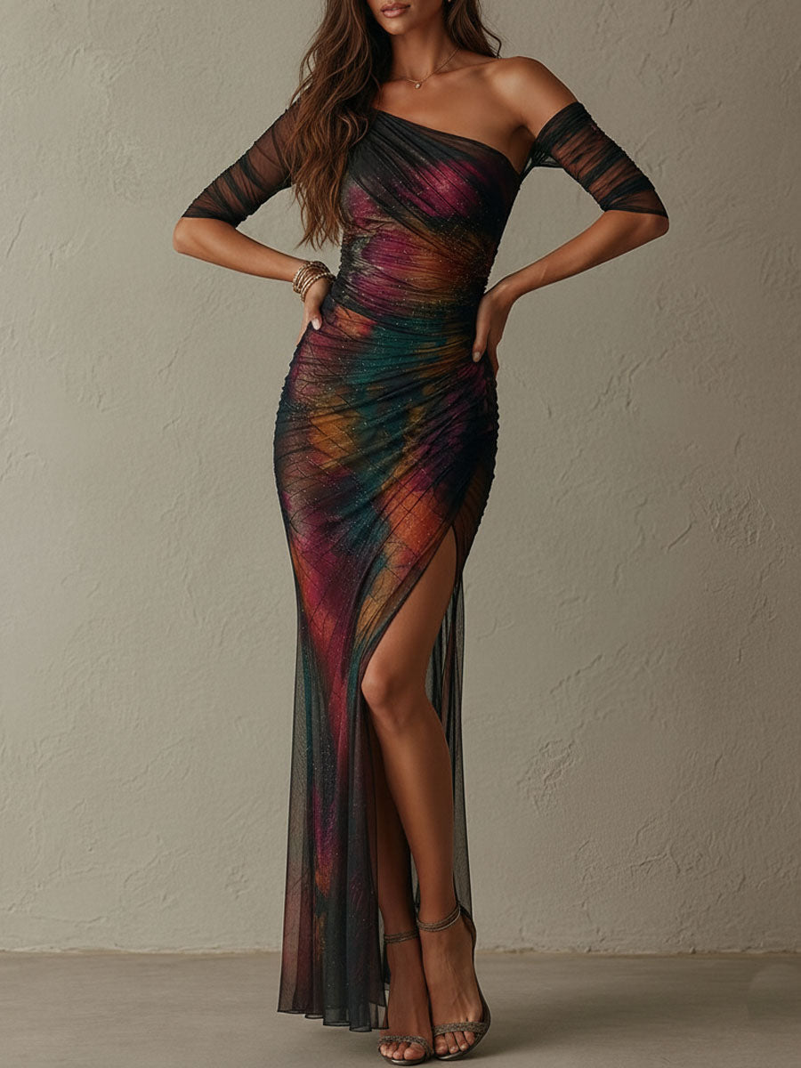 Vestido maxi de noche elegante y retro con estampado galáctico, un hombro y malla fruncida