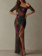 Vestido maxi de noche elegante y retro con estampado galáctico, un hombro y malla fruncida