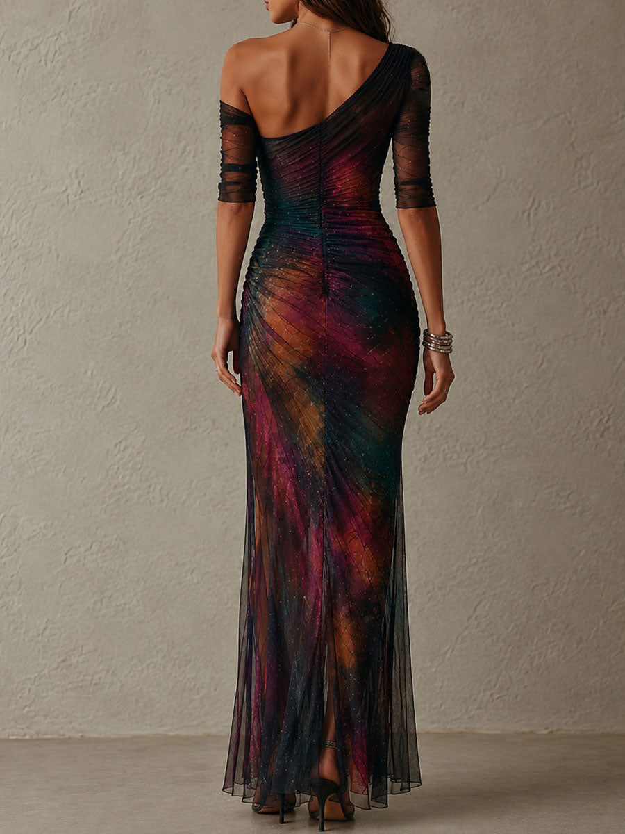 Vestido maxi de noche elegante y retro con estampado galáctico, un hombro y malla fruncida