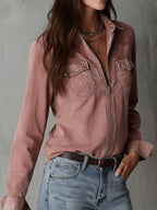Camisa vaquera western suave, desgastada y lavada, en rosa empolvado, con cremallera