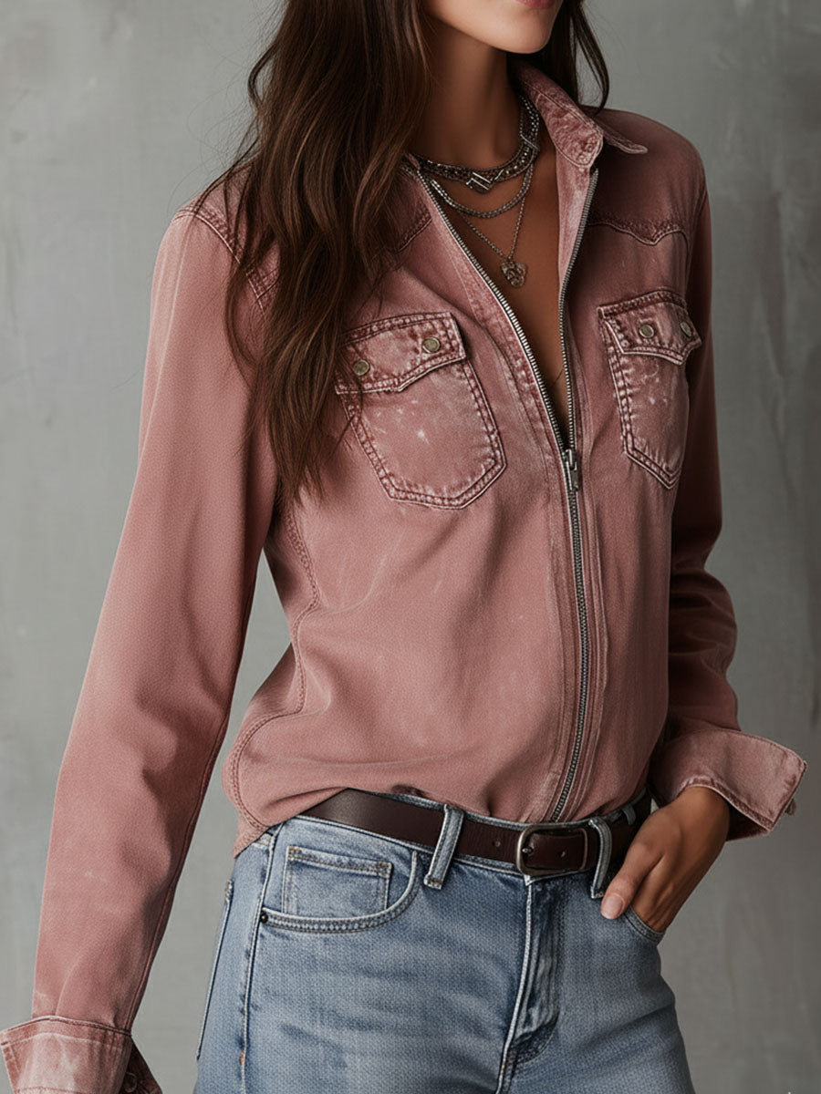 Camisa vaquera western suave, desgastada y lavada, en rosa empolvado, con cremallera