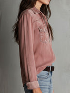 Camisa vaquera western suave, desgastada y lavada, en rosa empolvado, con cremallera