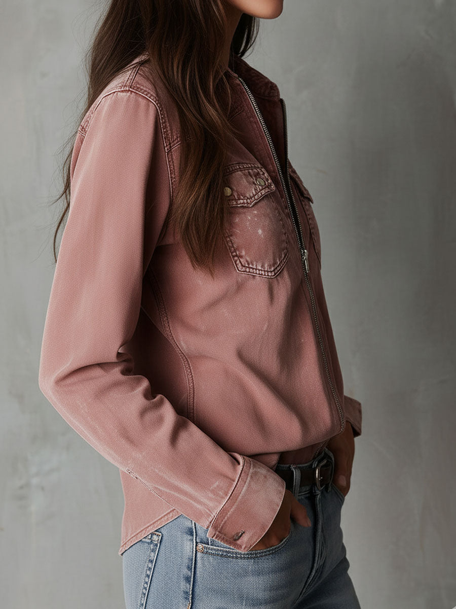 Camisa vaquera western suave, desgastada y lavada, en rosa empolvado, con cremallera