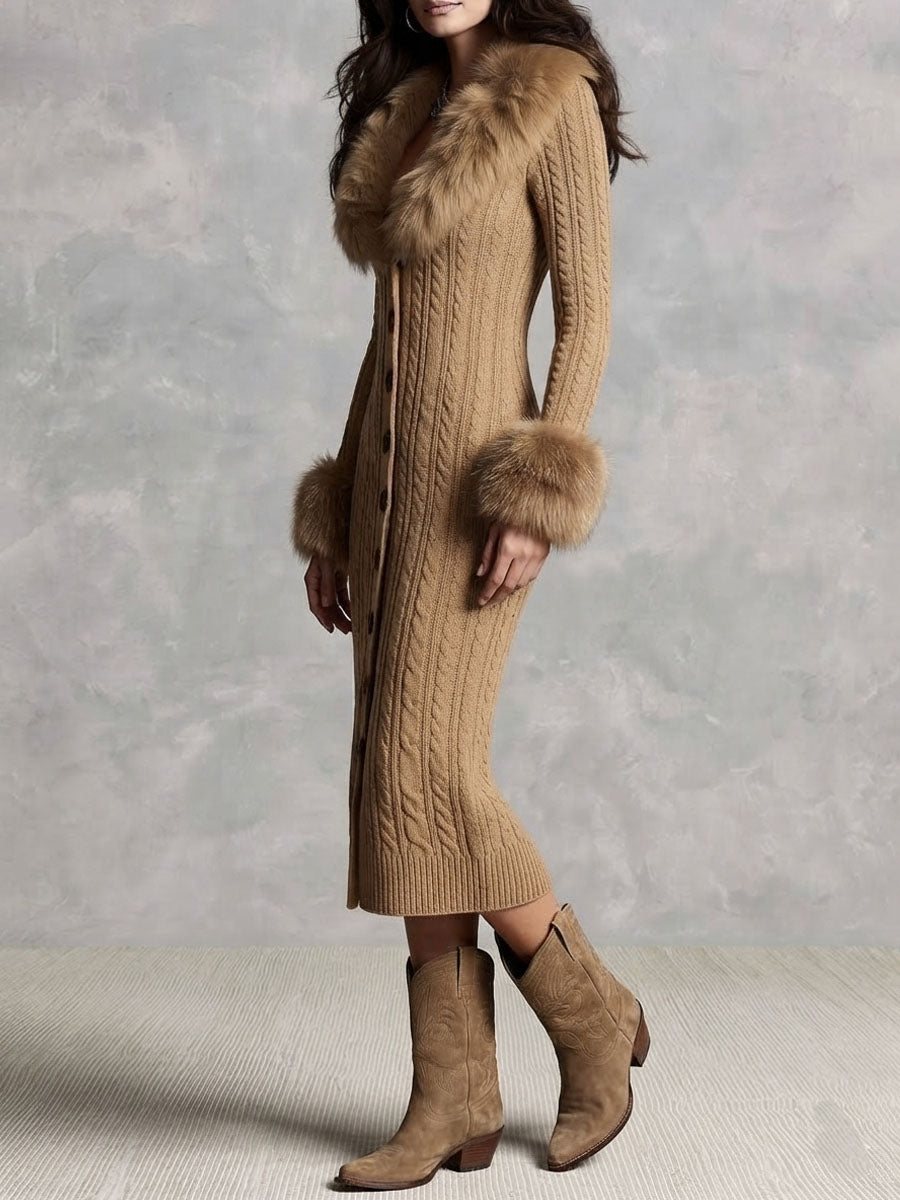 Vestido midi de punto estilo suéter retro color camel con cuello y puños de piel sintética
