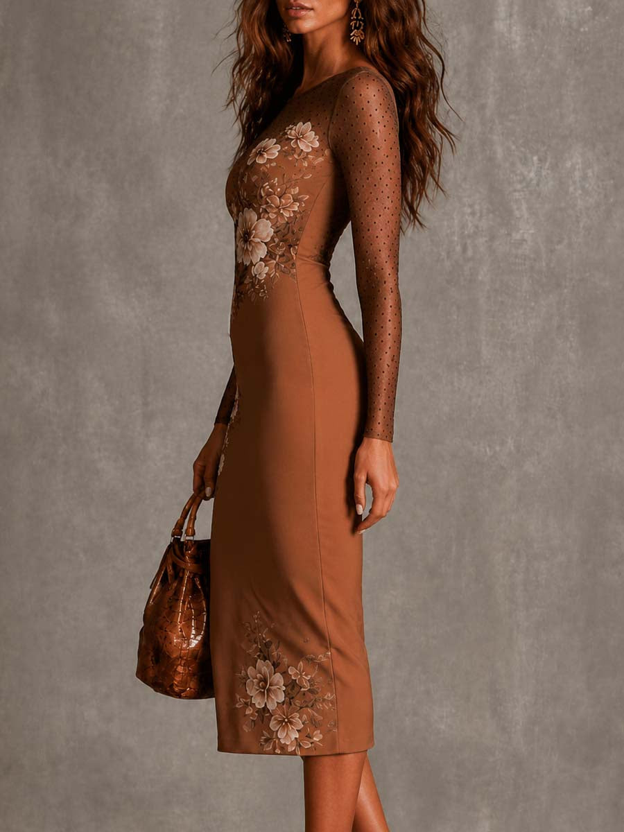 Vestido midi ceñido de manga larga con estampado floral vintage, lunares y tejido de malla