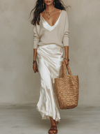 Conjunto de vestido lencero de punto y satén color marfil, de estilo relajado