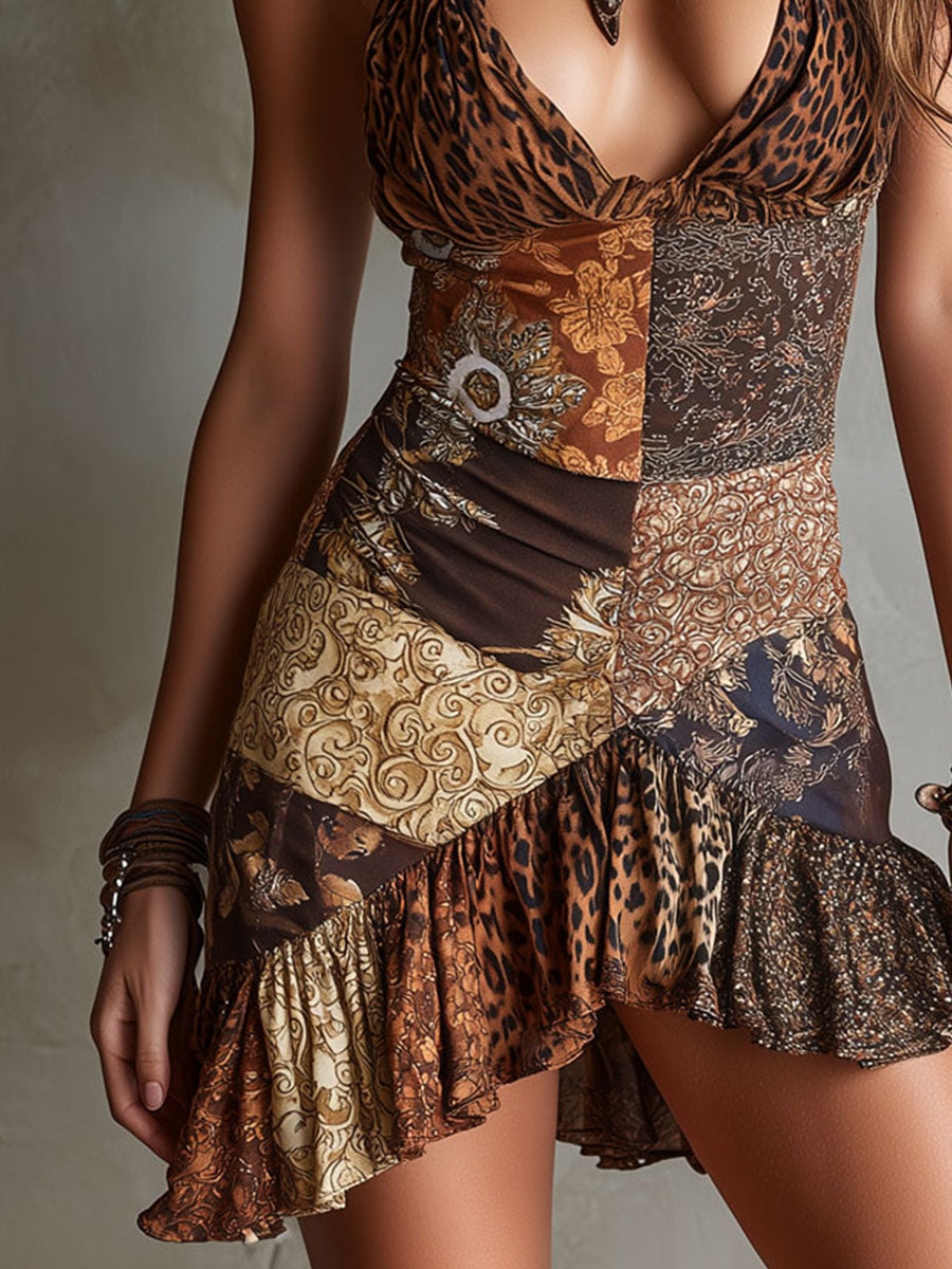 Vestido mini bohemio con estampado de leopardo y barroco, cuello halter y bajo con volantes