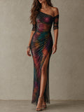 Vestido maxi de noche elegante y retro con estampado galáctico, un hombro y malla fruncida
