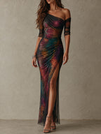 Vestido maxi de noche elegante y retro con estampado galáctico, un hombro y malla fruncida