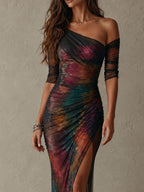 Vestido maxi de noche elegante y retro con estampado galáctico, un hombro y malla fruncida
