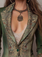 Blazer entallado verde oliva de un solo botón, con solapas y puños en contraste de tapiz floral vintage