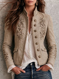 Chaqueta retro beige con cuello mao, bordado floral y ribete trenzado