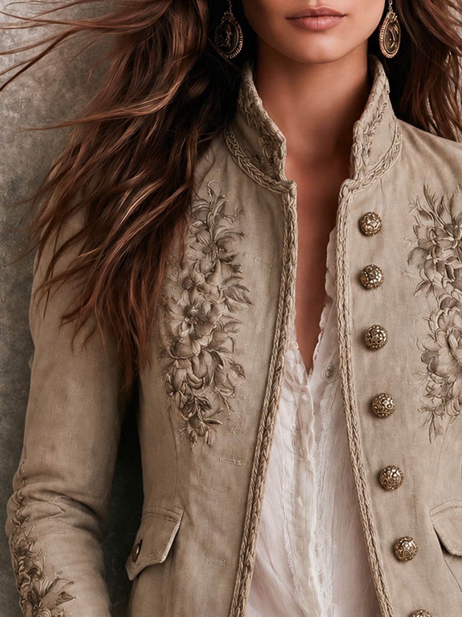 Chaqueta retro beige con cuello mao, bordado floral y ribete trenzado