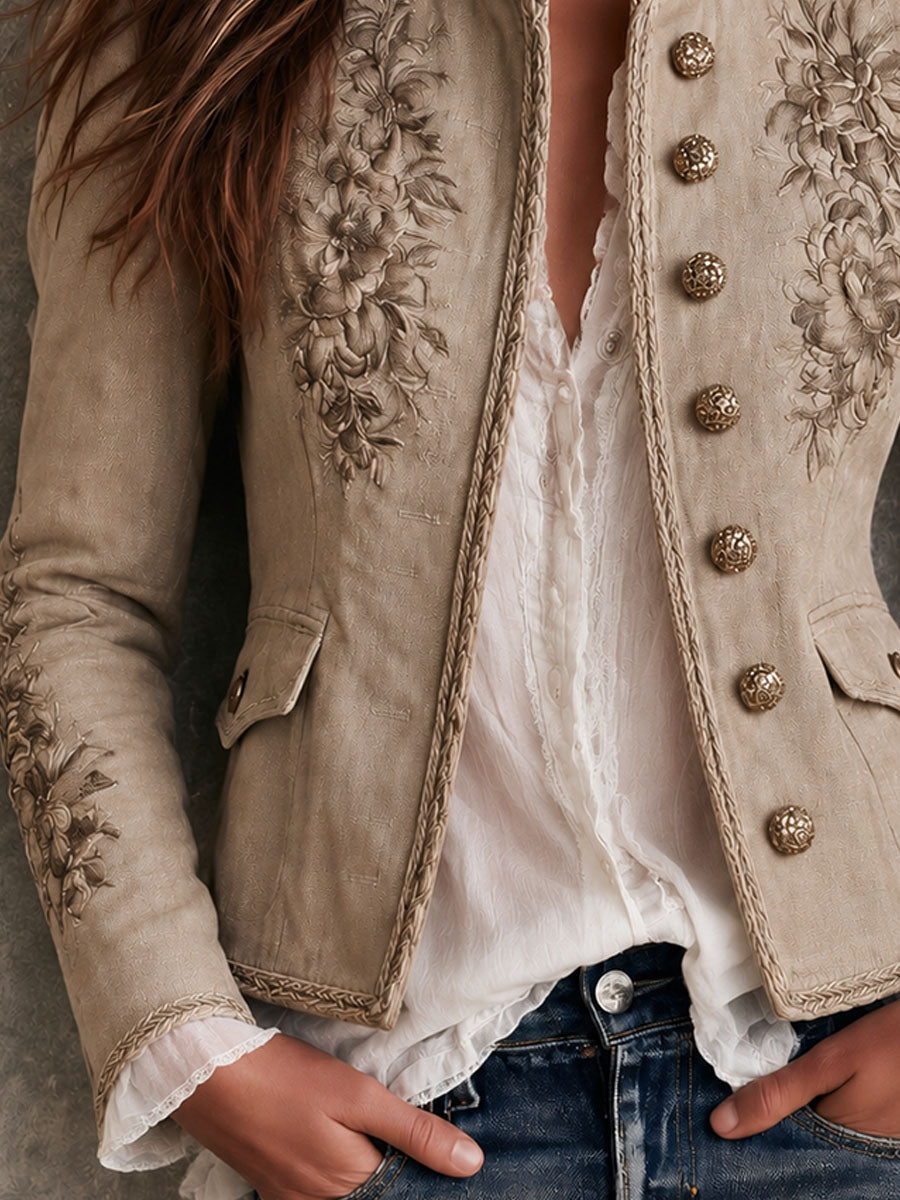 Chaqueta retro beige con cuello mao, bordado floral y ribete trenzado