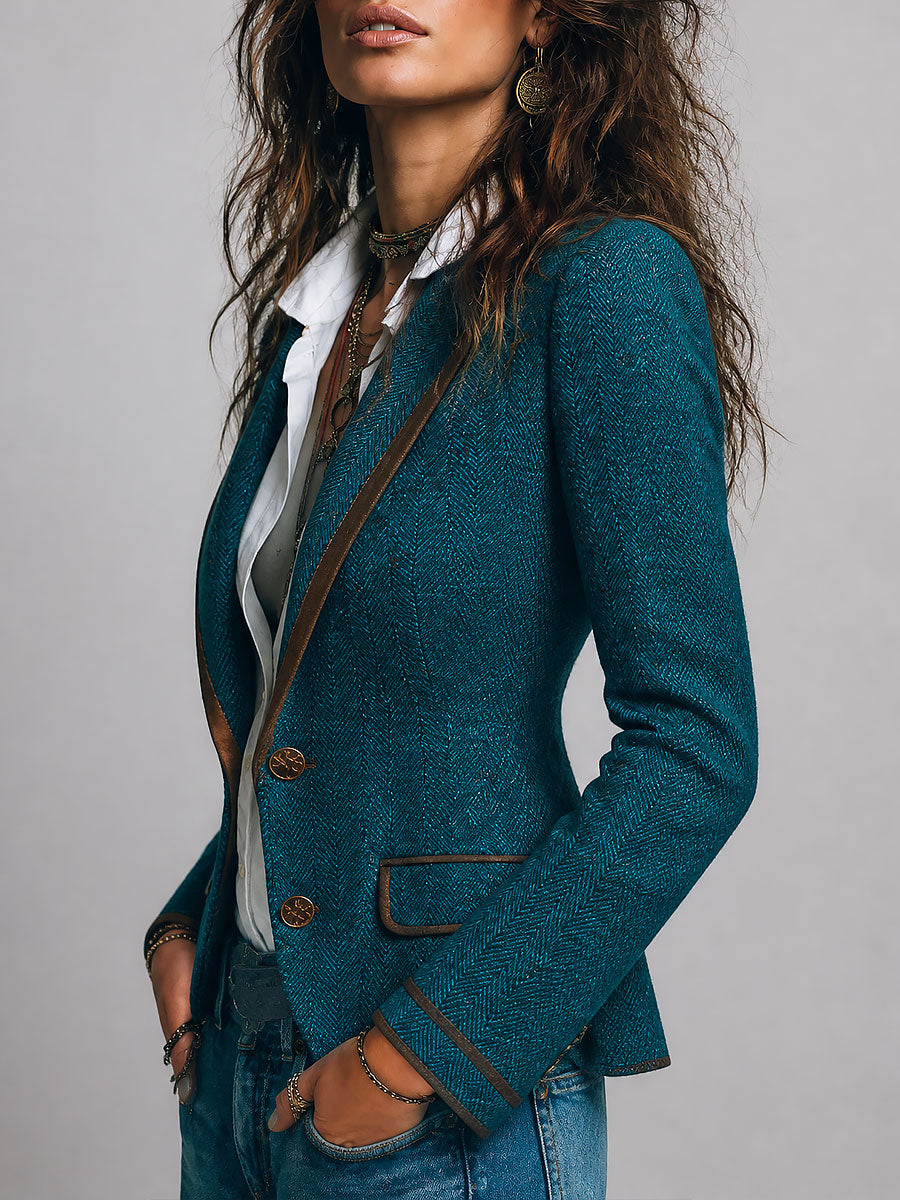 Blazer entallado retro de tweed de espiga con ribete en contraste