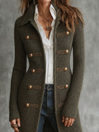 Military Style Ribbed Knit Longline Cardigan With Braided Button Trim