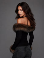 Top retro de punto acanalado con cuello de piel desmontable