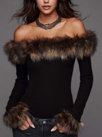 Top retro de punto acanalado con cuello de piel desmontable