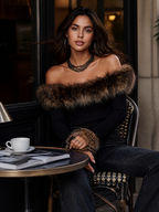Top retro de punto acanalado con cuello de piel desmontable