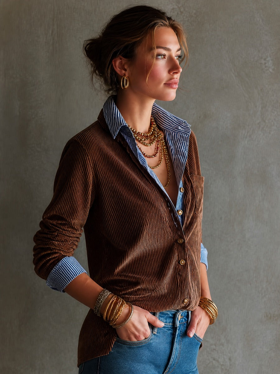 Camisa vintage de pana superpuesta con cuello a rayas en contraste
