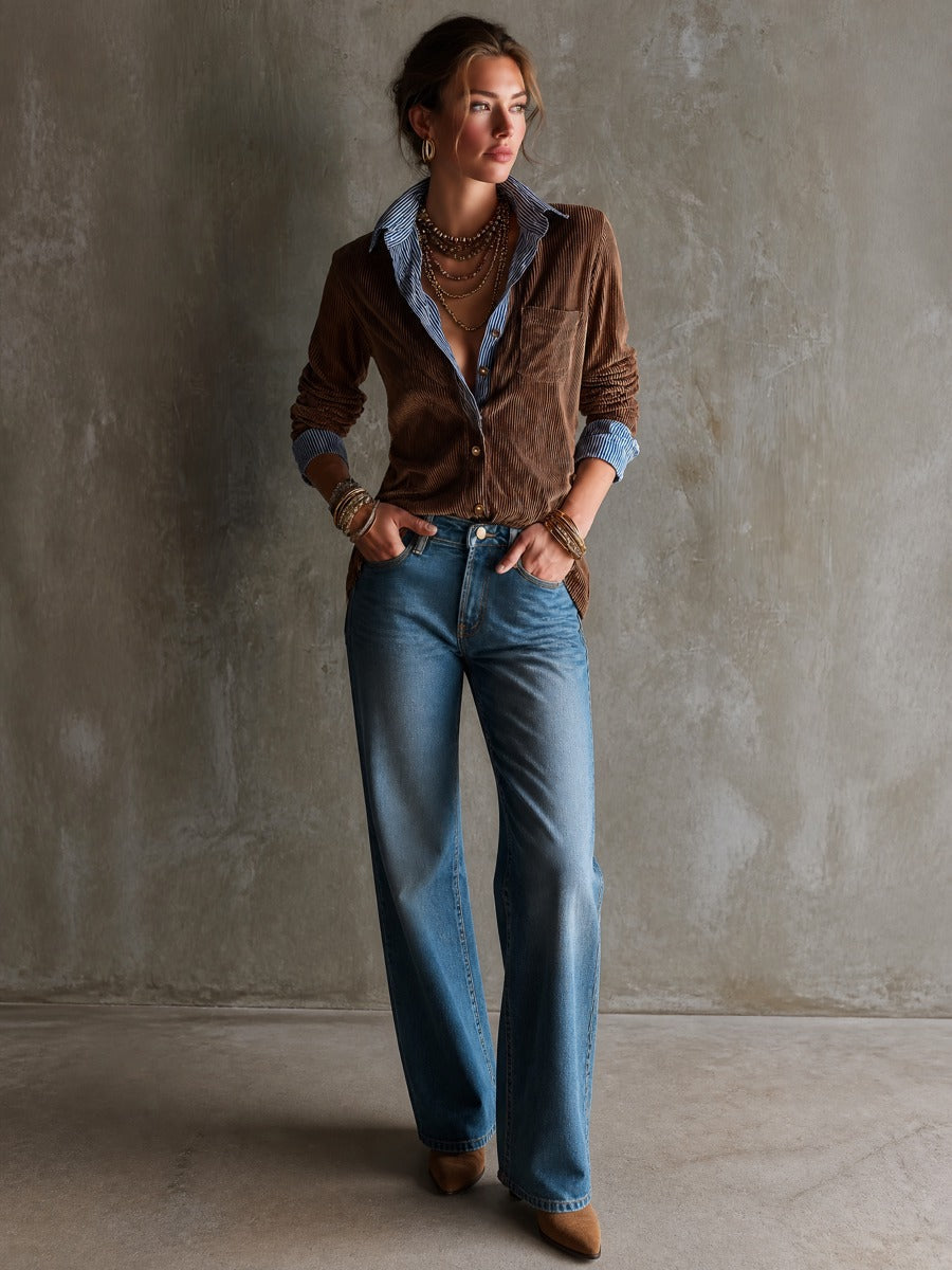 Camisa vintage de pana superpuesta con cuello a rayas en contraste