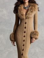 Vestido midi de punto estilo suéter retro color camel con cuello y puños de piel sintética