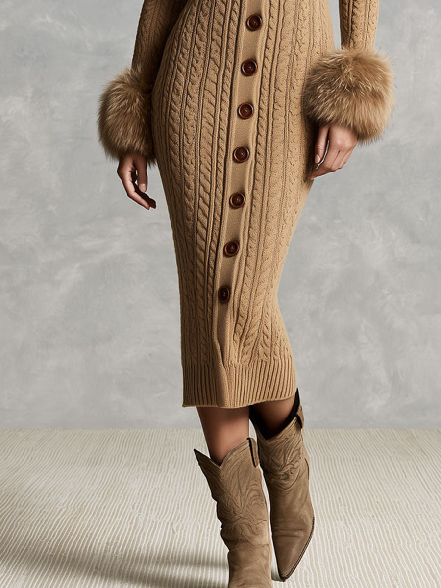 Vestido midi de punto estilo suéter retro color camel con cuello y puños de piel sintética