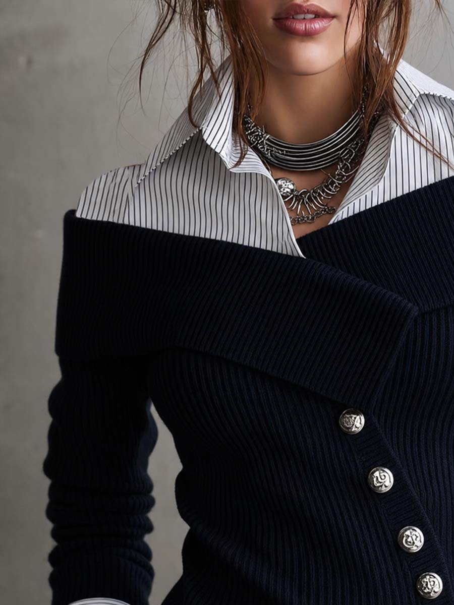 Blusa de punto con tapeta asimétrica y efecto de capas superpuestas