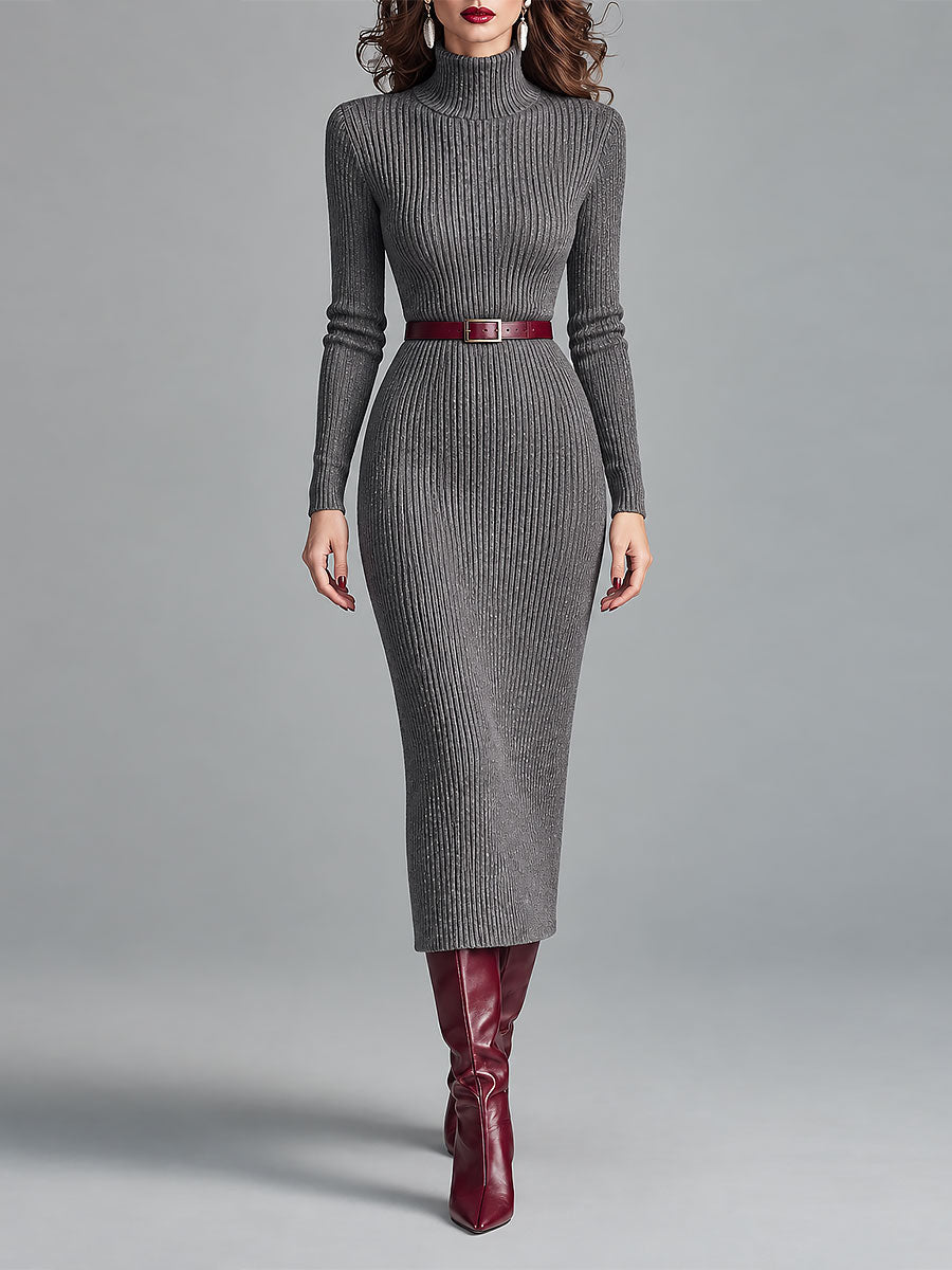 Elegante vestido midi ajustado de punto acanalado con cuello alto y cinturón