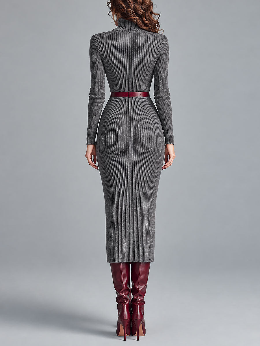 Elegante vestido midi ajustado de punto acanalado con cuello alto y cinturón