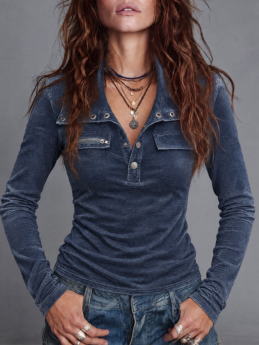 Camiseta Henley utilitaria de manga larga con lavado vintage y detalle de bolsillo con cremallera