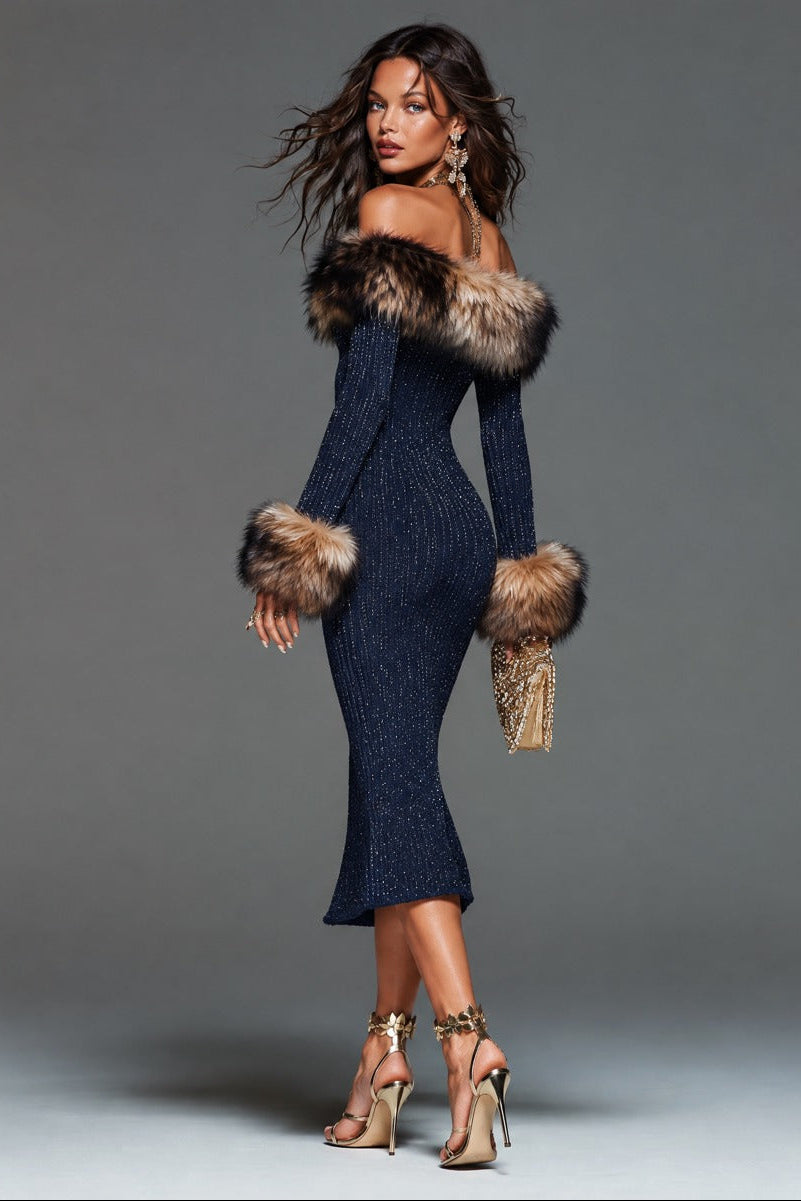 Vestido midi elegante de punto con brillo, hombros descubiertos y ribete de piel sintética