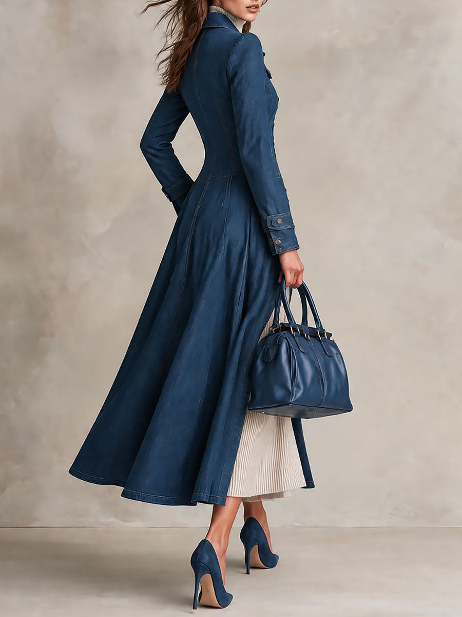 Gabardina vaquera retro larga y entallada de botonadura sencilla
